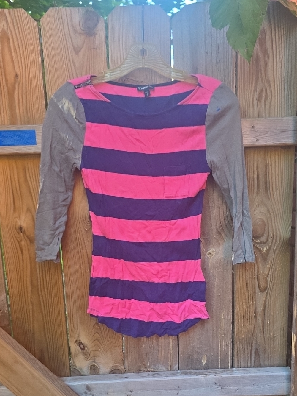 Express Pink and Navy Wide-Stripe Boatneck Top with Gray Sleeves